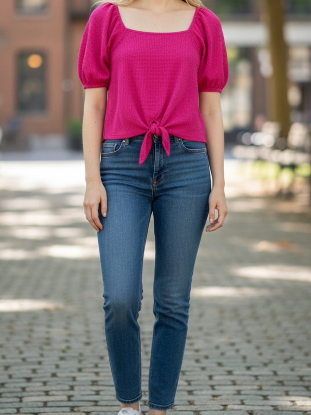 LOFT Bright Fuchsia Puff-Sleeve Tie-Front Crop Top